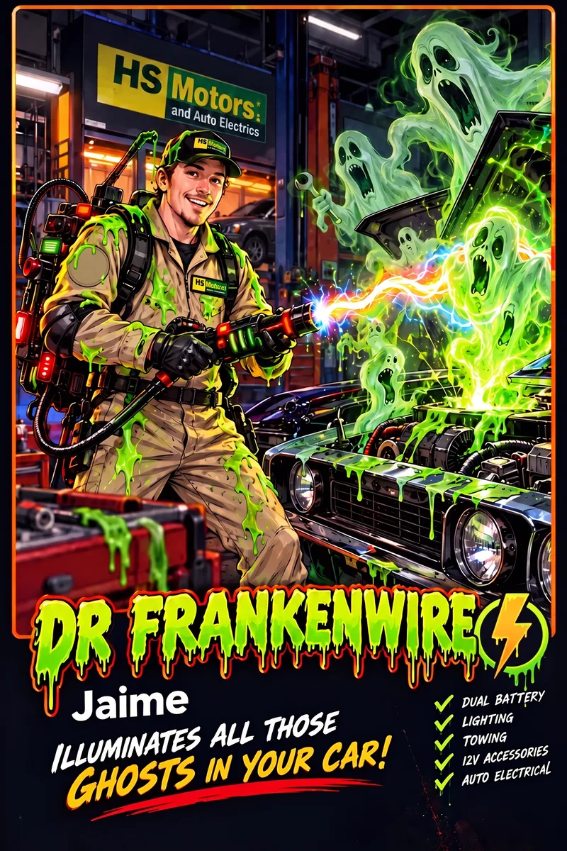 Jaime from HS Motors dressed as Dr Frankenwire for Halloween (a costume, shown as a comic-style character card). Dr Frankenwire, Jaime. Illuminates all those ghosts in your car!