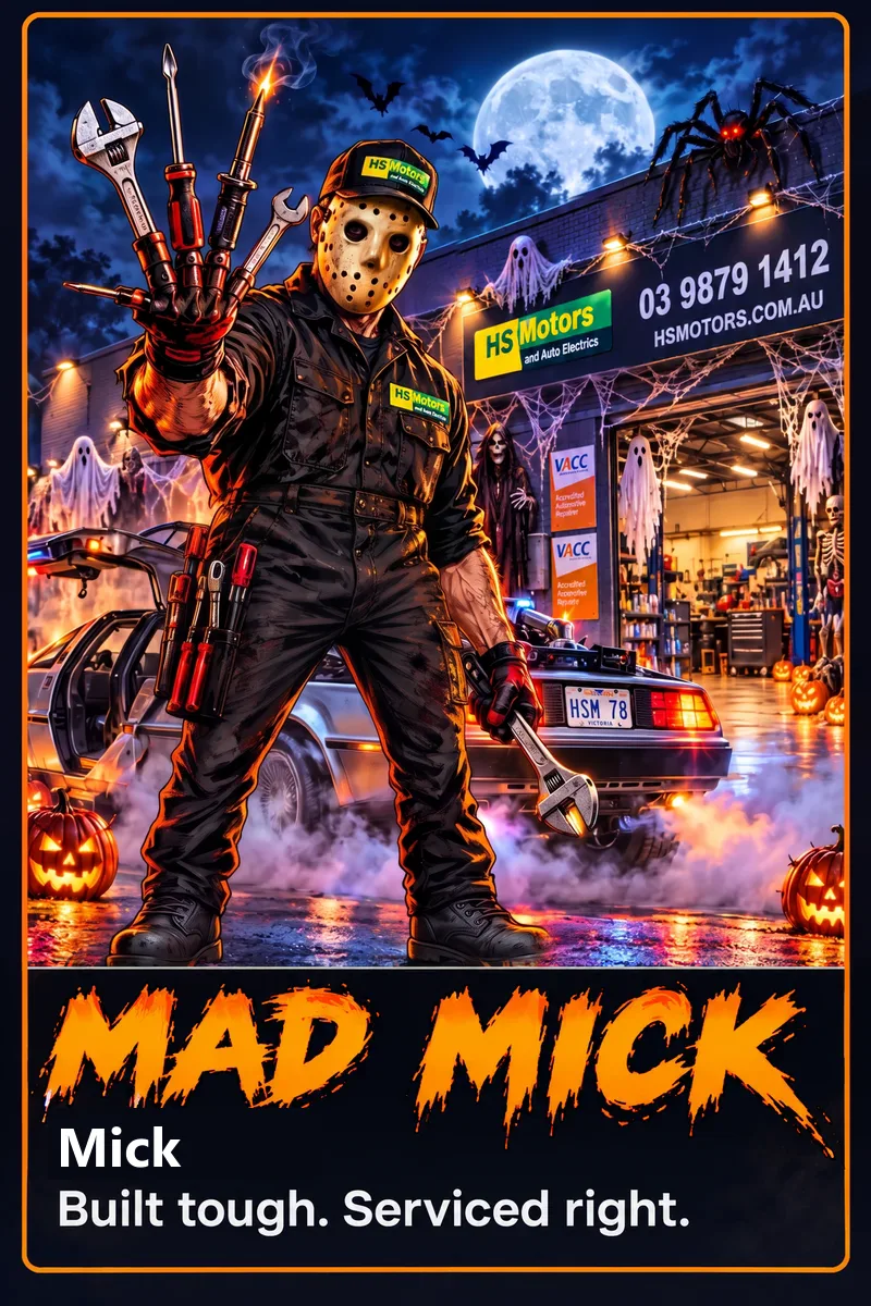 Mick from HS Motors dressed as Mad Mick for Halloween (a costume, shown as a comic-style character card). Mad Mick, Mick. Built tough. Serviced right.