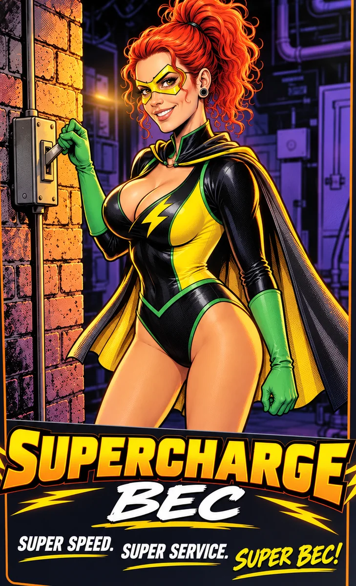 Bec from HS Motors dressed as Supercharge for Halloween (a costume, shown as a comic-style character card). Supercharge, Bec. Super speed. Super service. Super Bec!